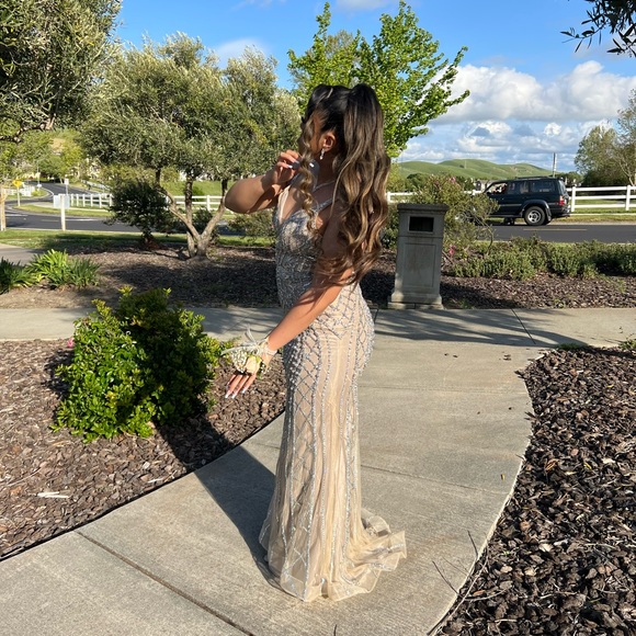 Champaign-colored dazzling dress/gown. Size 8/10 (slight stretch).
